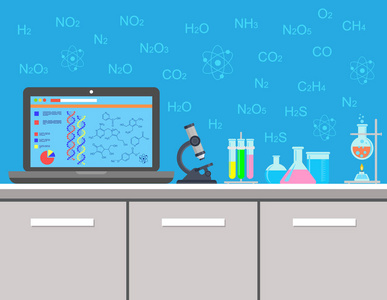 化学。实验室设备, 化学实验。桌子上的罐子烧杯烧瓶显微镜精神灯。向量例证