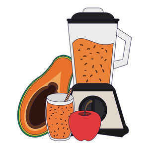 果汁和冰沙木瓜和苹果搅拌机和杯子矢量插图平面设计