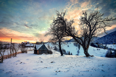 罗马尼亚卡法提安山冬季景观。罗马尼亚莫西乌地区糠区农村冬季景观