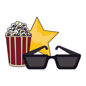 电影院流行玉米和3眼镜与星矢量插图平面设计