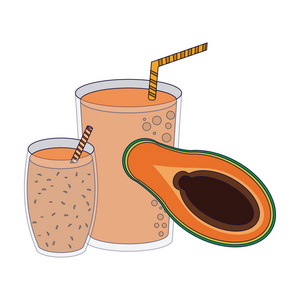 果汁和冰沙木瓜与杯子矢量插图平面设计
