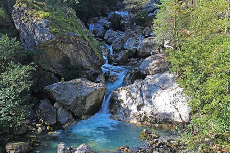 秋天山河的美丽景色。 森林里的山河。 阿布哈兹。 美丽的风景。