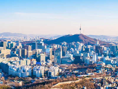 韩国首尔市美丽的建筑建筑城市景观和塔楼