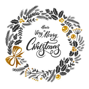 非常快乐的圣诞贺卡与刻字设计。 矢量深灰色和金色纹理插图与圣诞花环在白色背景。 手写字体