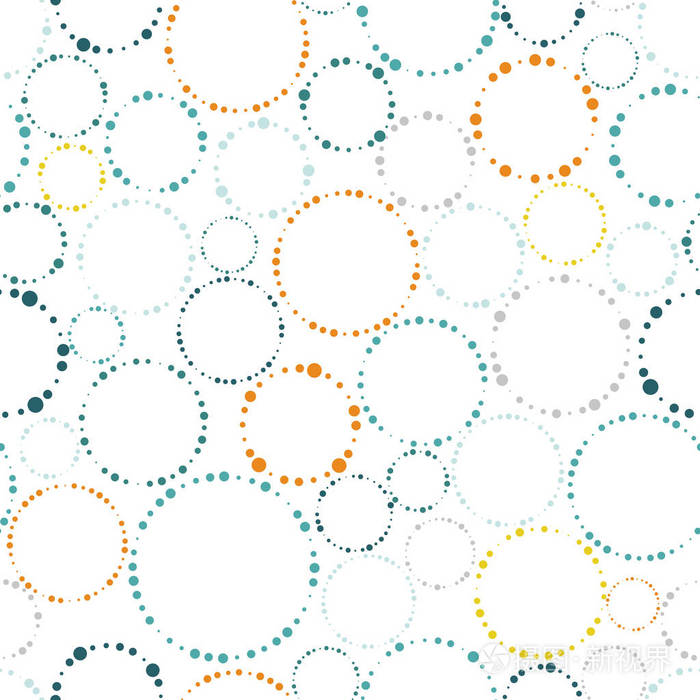 无缝图案. 五颜六色的圆圈. 圆不相互相交,由不同大小的点组成.