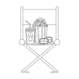 电影导演椅子与流行玉米与门票汽水杯矢量插图平面设计