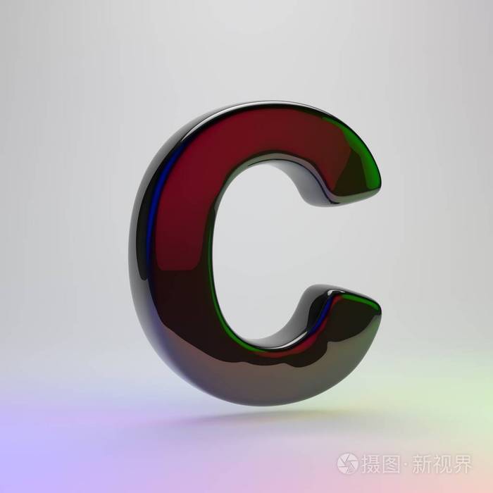 三维字母c大写.黑色字体,红,绿,蓝三色灯光反射,与灯光背景隔离