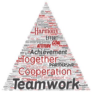 矢量概念团队合作管理三角箭红色伙伴关系理念，成功目标词云孤立背景..商业战略团队合作解决方案或团队概念设计的拼贴