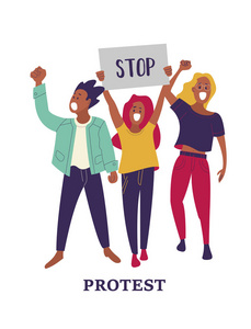 一群男人和女人参加了抗议。 人们拿着海报。 彩色矢量插图。