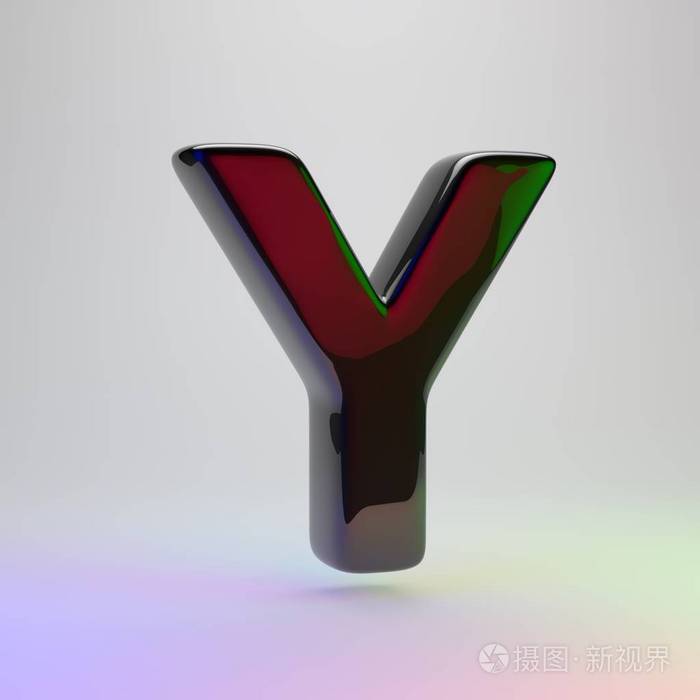 三维字母y大写黑色字体红色绿色和蓝色光背景反射隔离