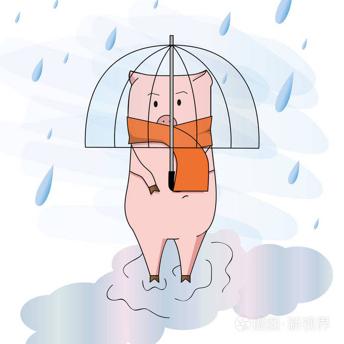 雨中伞下的小猪