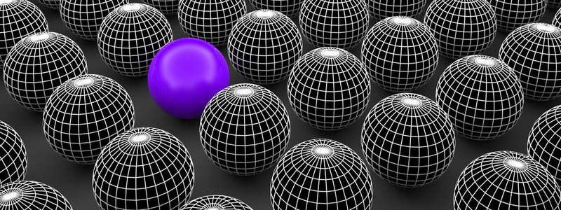 概念或概念三维插图线框黑白球体或球组与一个特殊的不同的站在人群背景横幅