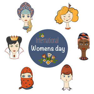 s Day. Vector template cartoon style, Portraits of different wom