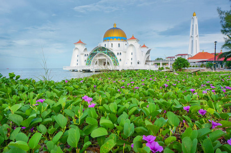 马六甲海峡清真寺Masjidselatmelaka的晨景，它是一座清真寺，位于马来西亚马六甲镇附近的马六甲岛上。