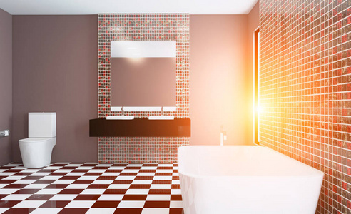 宽敞的浴室，干净，美观，豪华，明亮的房间..3D绘制。日落。