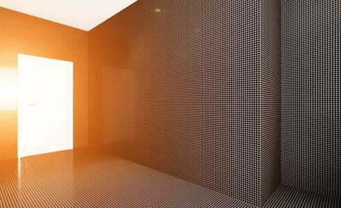 马赛克墙。灰色现代浴室配有毛巾的独立浴室。3D绘制...日落