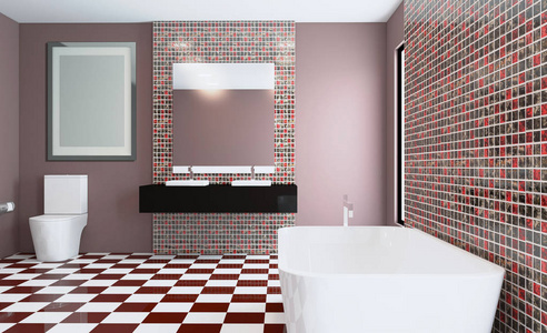 灰色现代浴室配有毛巾的独立浴室。3D绘制。空画。