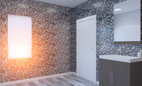 北欧浴室，经典复古室内设计..3D绘制。日落。