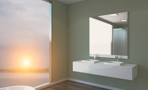 北欧浴室，经典复古室内设计..3D绘制。日落
