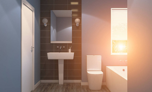北欧浴室，经典复古室内设计..3D绘制。日落