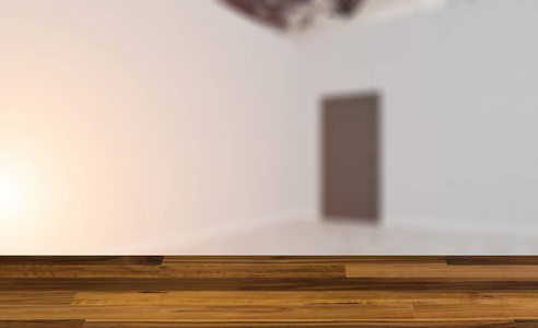 空白的木制桌子。地板。空房间。莫库普...现代会议室。3D绘制...日落