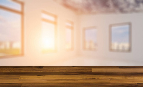 空白的木制桌子。地板。空房间。莫库普...现代会议室。3D绘制...日落