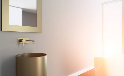 宽敞的浴室灰色色调，加热地板独立浴缸。 三维渲染。 日落