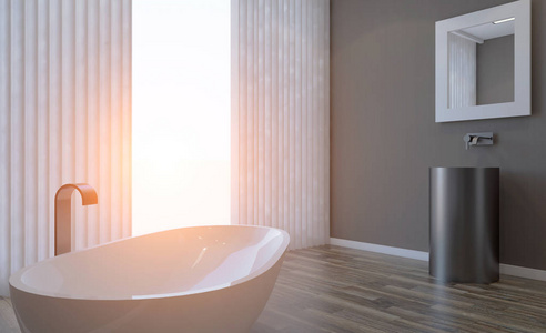 现代浴室，包括浴缸和水槽。 三维渲染。日落