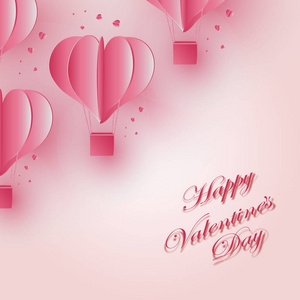 快乐情人节矢量问候卡设计与三维写实剪纸心形飞行气球和心脏装饰在红色背景。