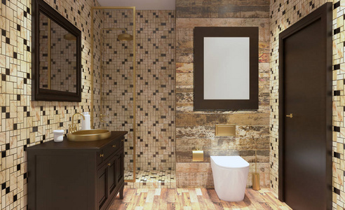 斯堪的纳维亚浴室经典复古室内设计。 三维渲染.空白画