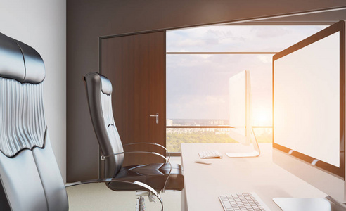 现代办公柜。 会议室。 三维渲染。 日落