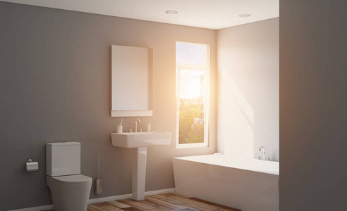 有大窗户的现代浴室。 三维渲染。 日落。