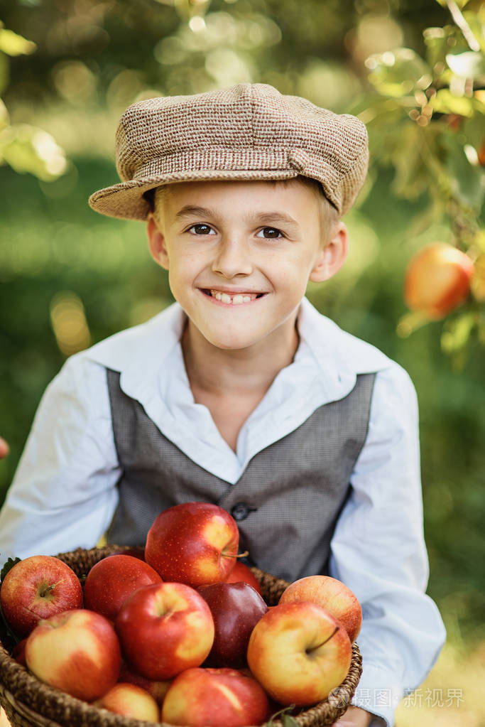 微笑的男孩拿着柳条篮子和苹果在果园里收获概念