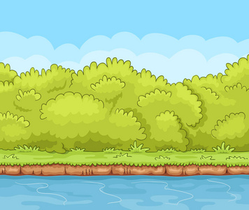 有茂密灌木丛的卡通河岸照片