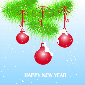 祝贺卡，上面有绿色圣诞树，上面有红色的球，上面写着新年快乐，蓝色的雪，蓝色的天空，股票矢量插图，供网络打印