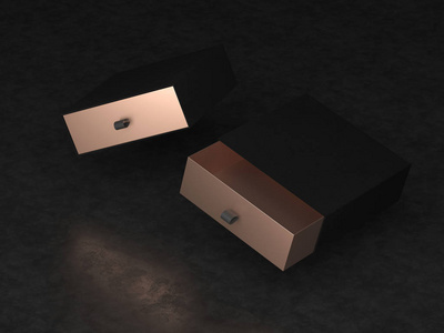 优雅开放白色和金色礼品盒模型上的黑色背景。高档产品的豪华包装盒。空打开的框。3d 渲染