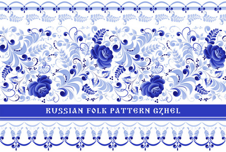 无缝俄罗斯花卉图案俄罗斯民间风格的无缝矢量蓝色条纹与花卉图案照片