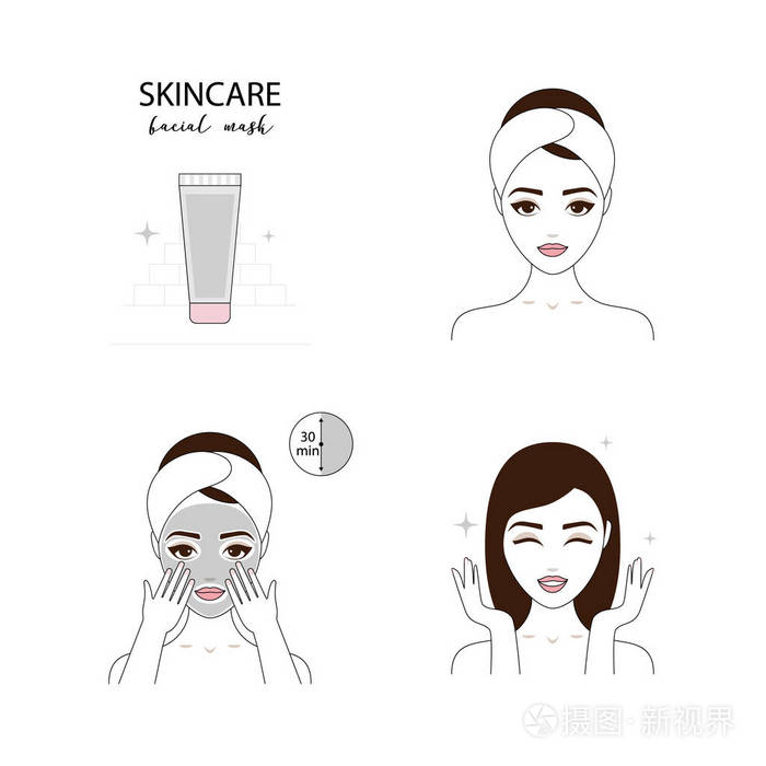 美丽的女人照顾她的脸 说明如何应用面膜的步骤 孤立的内衬插图集 插画 正版商用图片166twu 摄图新视界