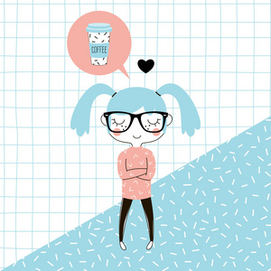 卡通书呆子规划师女孩思考咖啡在孟菲斯背景卡瓦伊风格人物,粉彩,平面