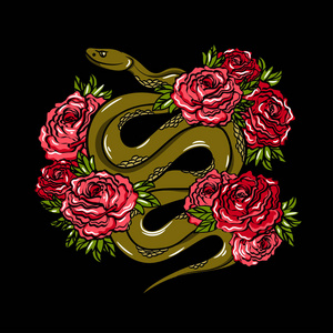 时尚刺绣与绿色蛇和玫瑰. 时尚插图与动物和花在黑暗的背景.