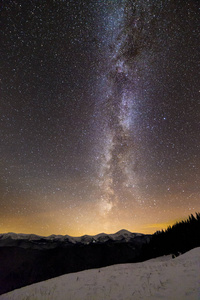 冬山夜景全景。 银河明亮的星座在黑暗的星空下，夕阳后，地平线上柔和的光芒，壮丽的山脊，白雪覆盖的山峰，白雪覆盖的陡峭的木本小山。