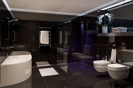 黑色现代淋浴室三维插图
