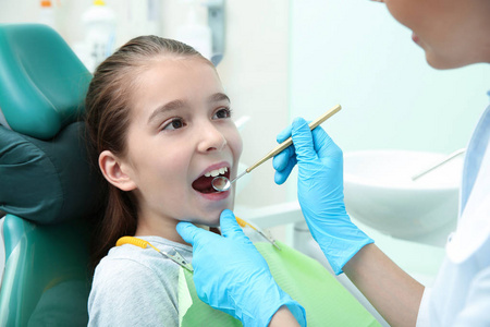 专业牙科医生在现代诊所为小病人服务