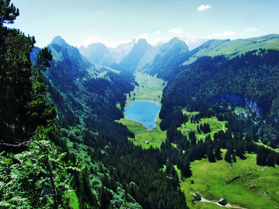 瑞士内罗登阿彭策尔州的高山湖，位于其山景中