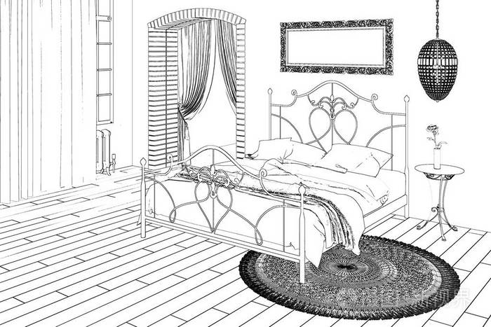 三维插图白色卧室的素描