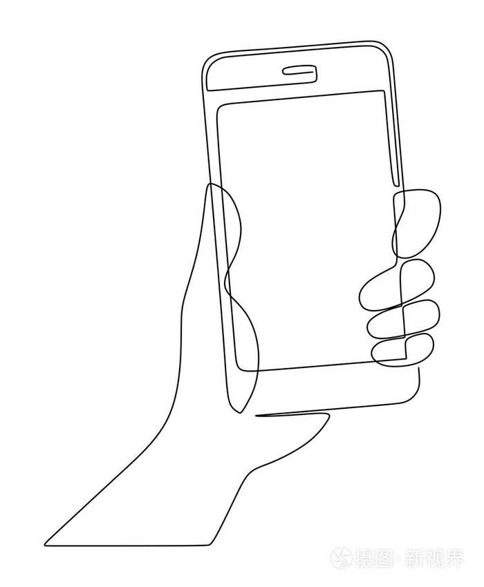 手握着一根白色背景上的连续线画出的手机