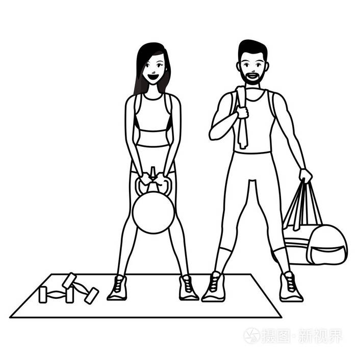 健身夫妇与水壶铃和袋矢量插图图形设计
