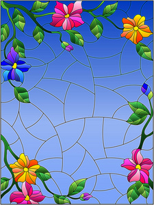 彩色玻璃风格的插图，花，五颜六色的花朵，叶子和花蕾在蓝天背景上