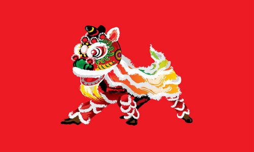 一只蹲着的中国狮子，颜色各异，呈泼墨画风。 矢量。
