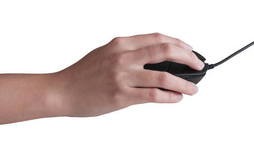 贝宝女性手点击电脑鼠标隔离白色背景照片